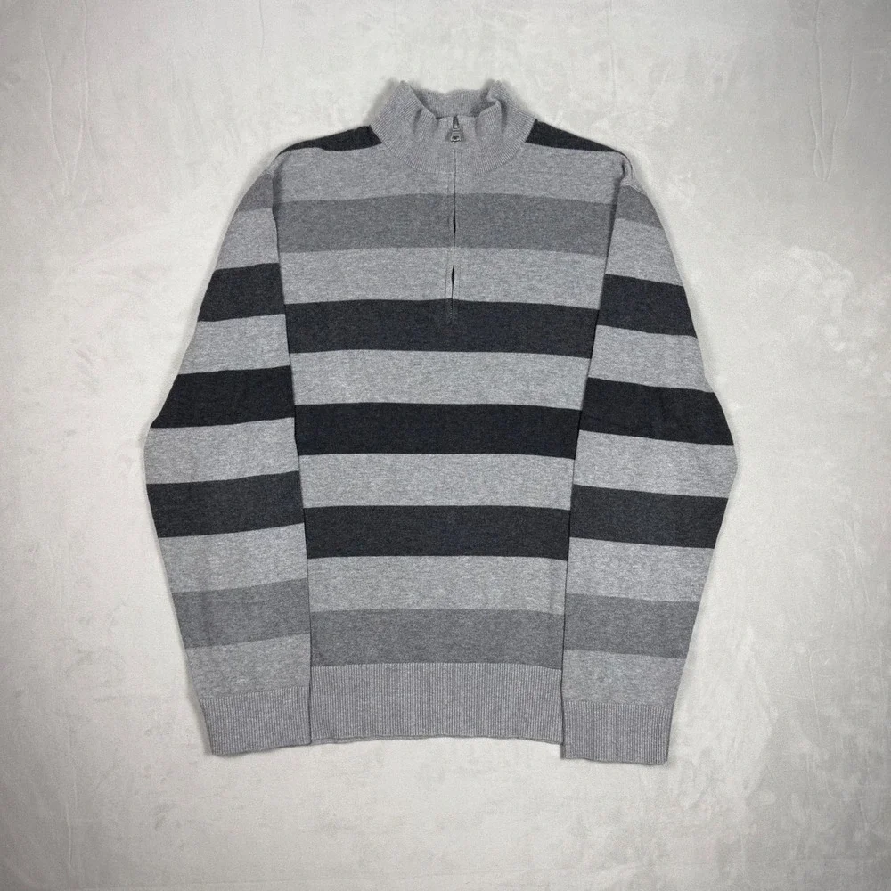 Y2K Mens Banana Republic Striped Quarter Zip Pullover Sweater Grey XL